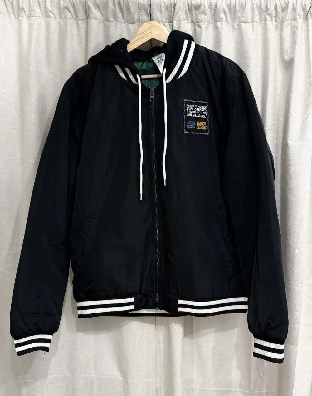 Marvel Comics Super Heroes vs Super Villains Black Hooded Varsity Bomber Jacket